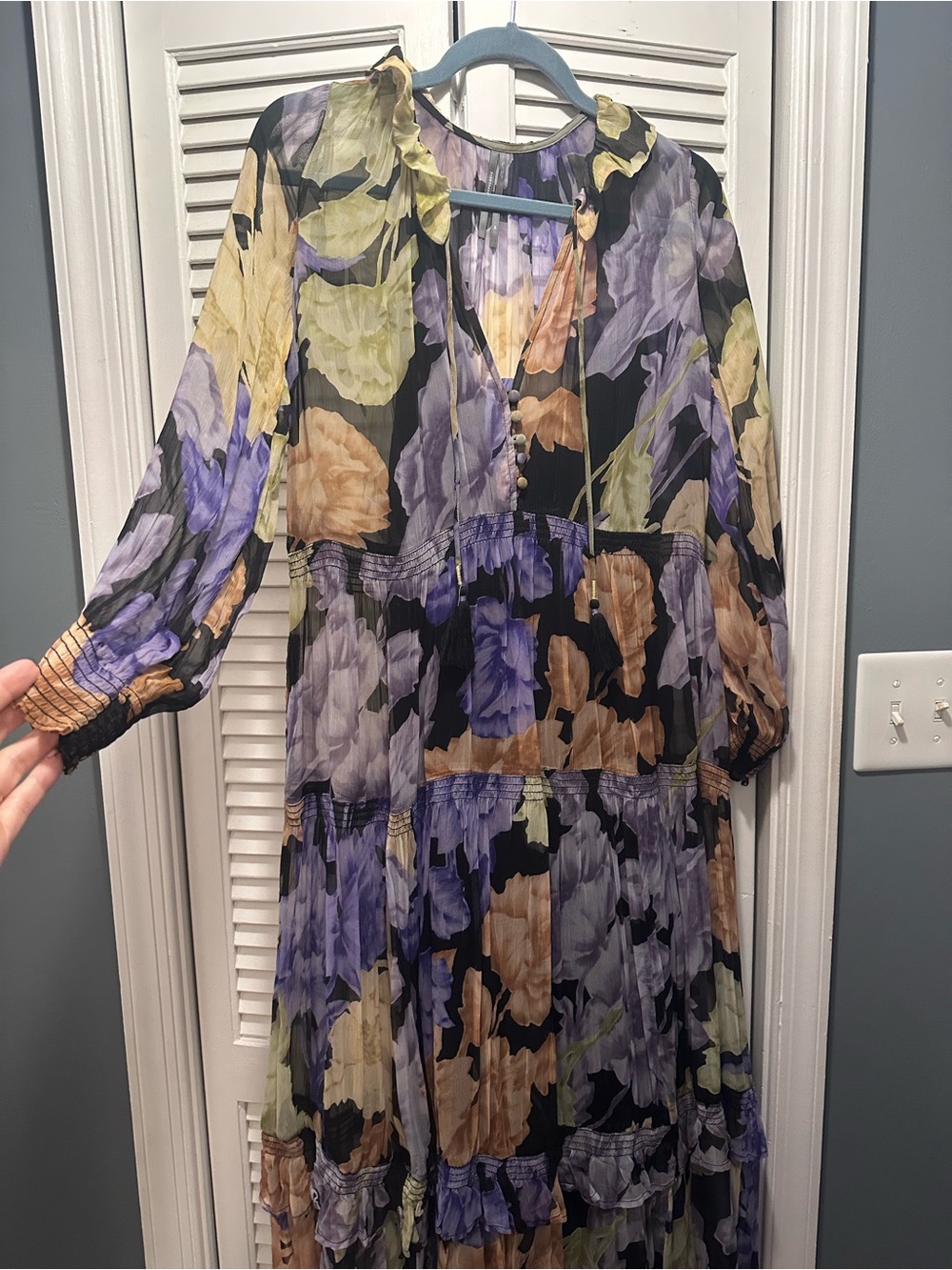 Anthropologie Floral Tiered Long Sleeve Maxi Dress - Black Multi